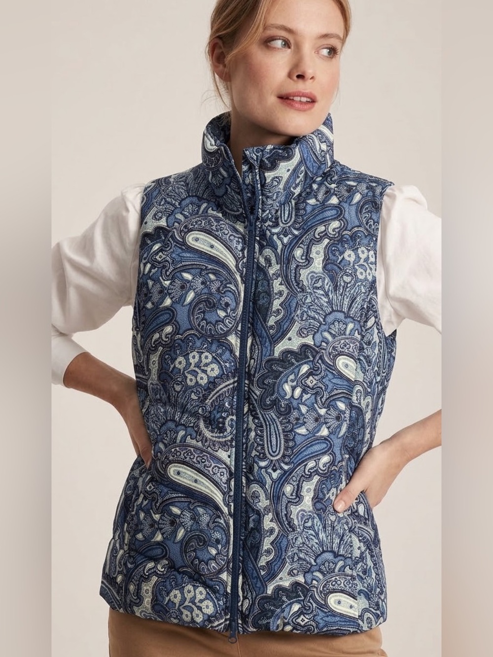 Talbots LP Quilted Blue Paisley Zip-Front down feather fill Vest